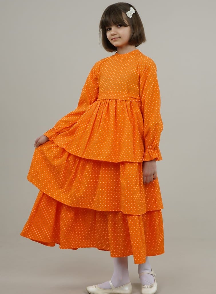 Lamora Young Girls Long-Sleeved Elastic Loose-Fitting Polka Dot Maxi Dress with Round Neck Layered Details Details, for Summer - Orange - Image 2