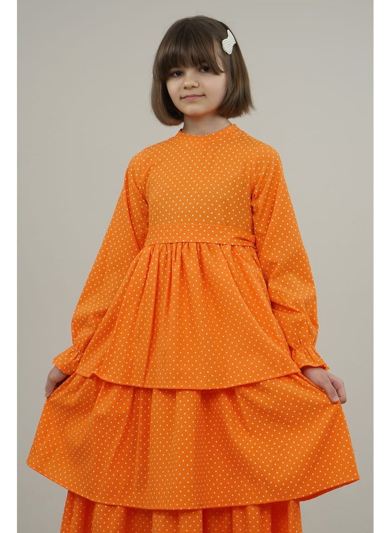 Lamora Young Girls Long-Sleeved Elastic Loose-Fitting Polka Dot Maxi Dress with Round Neck Layered Details Details, for Summer - Orange - Image 3