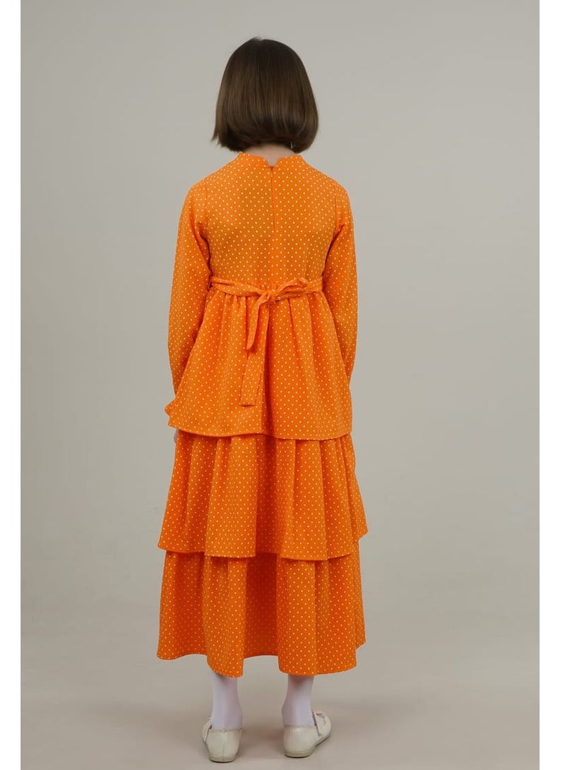 Lamora Young Girls Long-Sleeved Elastic Loose-Fitting Polka Dot Maxi Dress with Round Neck Layered Details Details, for Summer - Orange - Image 4