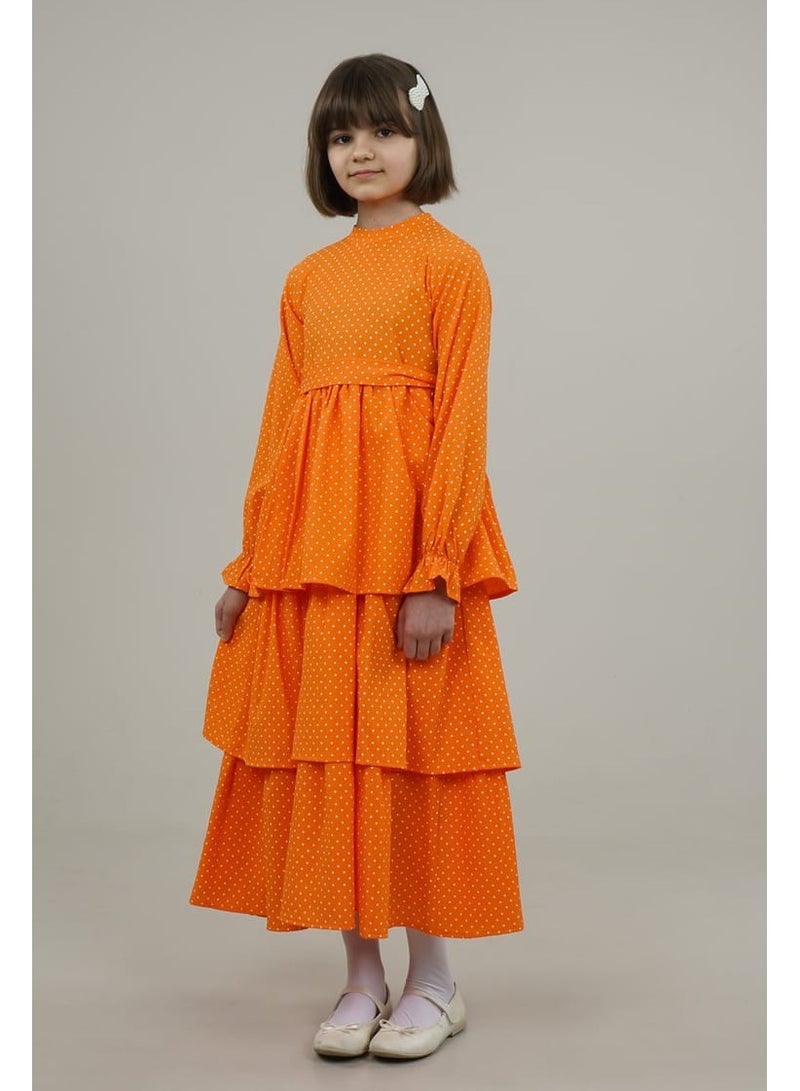 Lamora Young Girls Long-Sleeved Elastic Loose-Fitting Polka Dot Maxi Dress with Round Neck Layered Details Details, for Summer - Orange - Image 5