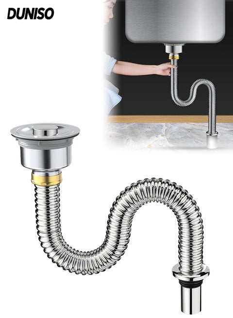 Bathroom and Kitchen Stainless Steel Sink Drain Pipe,High Temperature Resistance and Odor Prevention kitchen Sink Drain Kit,Thicken P Trap Sink Drain Pipe,Integrated Wash Basin Sink Drain Pipe，60cm