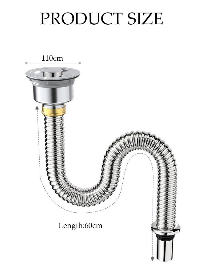 DUNISO Bathroom and Kitchen Stainless Steel Sink Drain Pipe,High Temperature Resistance and Odor Prevention kitchen Sink Drain Kit,Thicken P Trap Sink Drain Pipe,Integrated Wash Basin Sink Drain Pipe，60cm - Image 2