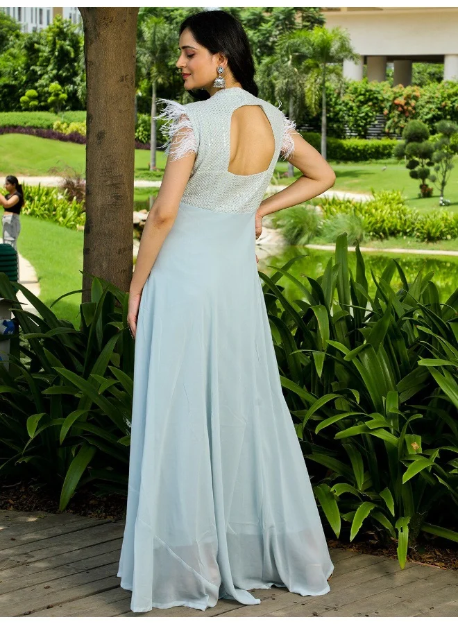 AKS Blue Sequenced Flared Maxi Dress With Fur Lace Detail