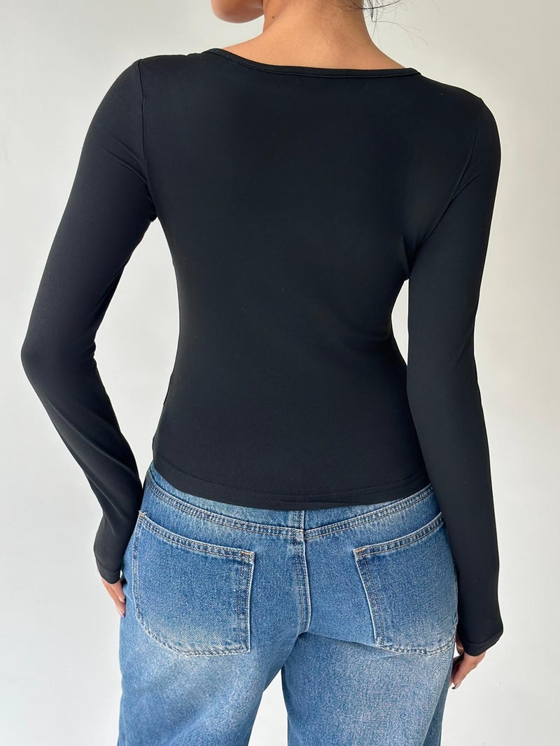 OYOANGLE Women's Long Sleeve Tie Knot Front V Neck T-Shirt Split Hem Trendy Tunic Casual Wrap Crop Tops Black Large - Image 2