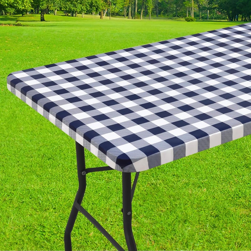 smiry Rectangle Picnic Table Cloth, Elastic Waterproof Fitted Vinyl Tablecloths, Flannel Backed Buffalo Plaid Table Covers for Dining, Camping, Outdoor (White and Navy, 30" x 72") - Image 1
