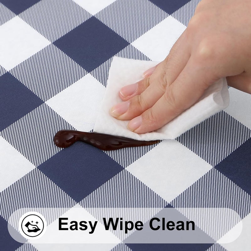 smiry Rectangle Picnic Table Cloth, Elastic Waterproof Fitted Vinyl Tablecloths, Flannel Backed Buffalo Plaid Table Covers for Dining, Camping, Outdoor (White and Navy, 30" x 72") - Image 4