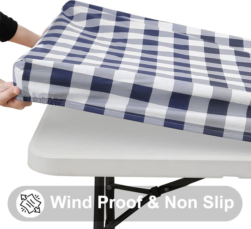 smiry Rectangle Picnic Table Cloth, Elastic Waterproof Fitted Vinyl Tablecloths, Flannel Backed Buffalo Plaid Table Covers for Dining, Camping, Outdoor (White and Navy, 30" x 72") - Image 2