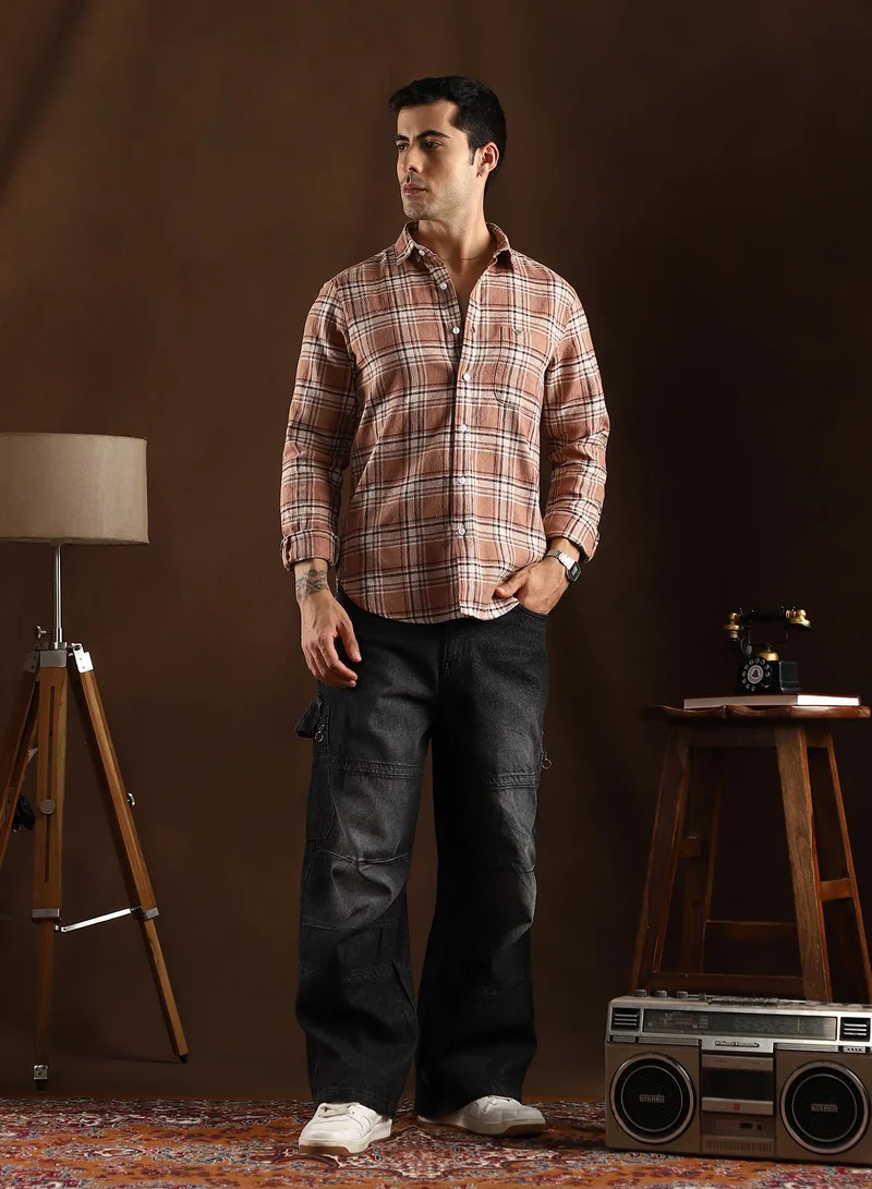 Campus Sutra Campus Sutra Men's Camel Brown Tactile-Check Regular Shirt For Casual Wear | Spread Collar | Long Cuffed Sleeves | Button Closure | Shirt Crafted With Comfort Fit For Everyday Wear