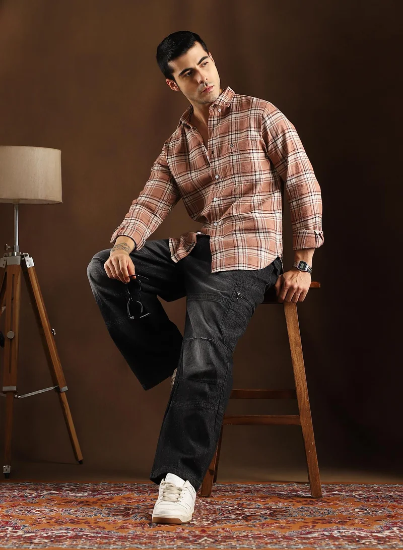 Campus Sutra Campus Sutra Men's Camel Brown Tactile-Check Regular Shirt For Casual Wear | Spread Collar | Long Cuffed Sleeves | Button Closure | Shirt Crafted With Comfort Fit For Everyday Wear