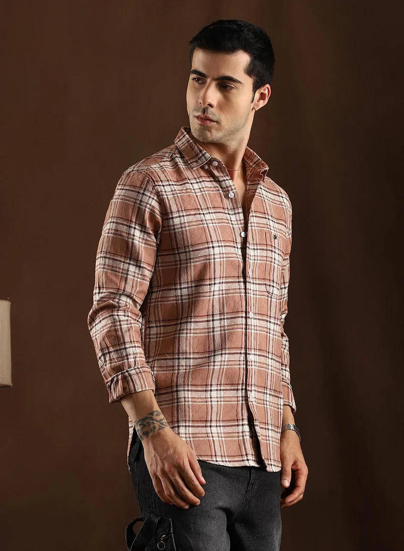 Campus Sutra Campus Sutra Men's Camel Brown Tactile-Check Regular Shirt For Casual Wear | Spread Collar | Long Cuffed Sleeves | Button Closure | Shirt Crafted With Comfort Fit For Everyday Wear