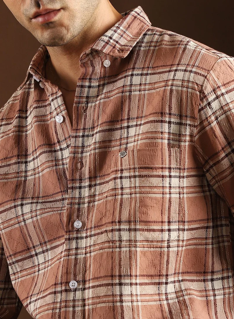 Campus Sutra Campus Sutra Men's Camel Brown Tactile-Check Regular Shirt For Casual Wear | Spread Collar | Long Cuffed Sleeves | Button Closure | Shirt Crafted With Comfort Fit For Everyday Wear