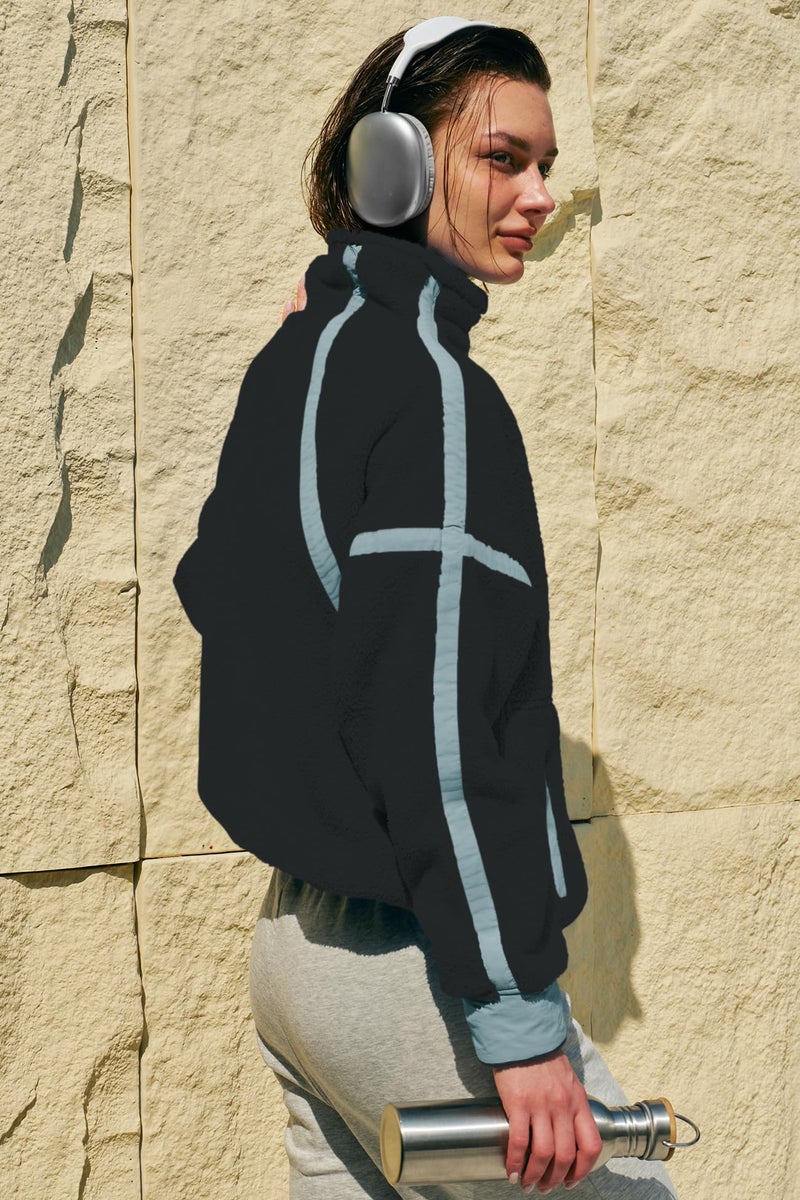 Panadila Womens Quarter Zip Fleece Pullover Sherpa Jacket Oversized Sweatshirt with Pockets Fuzzy Sweater (Black Combo,XS) - Image 5