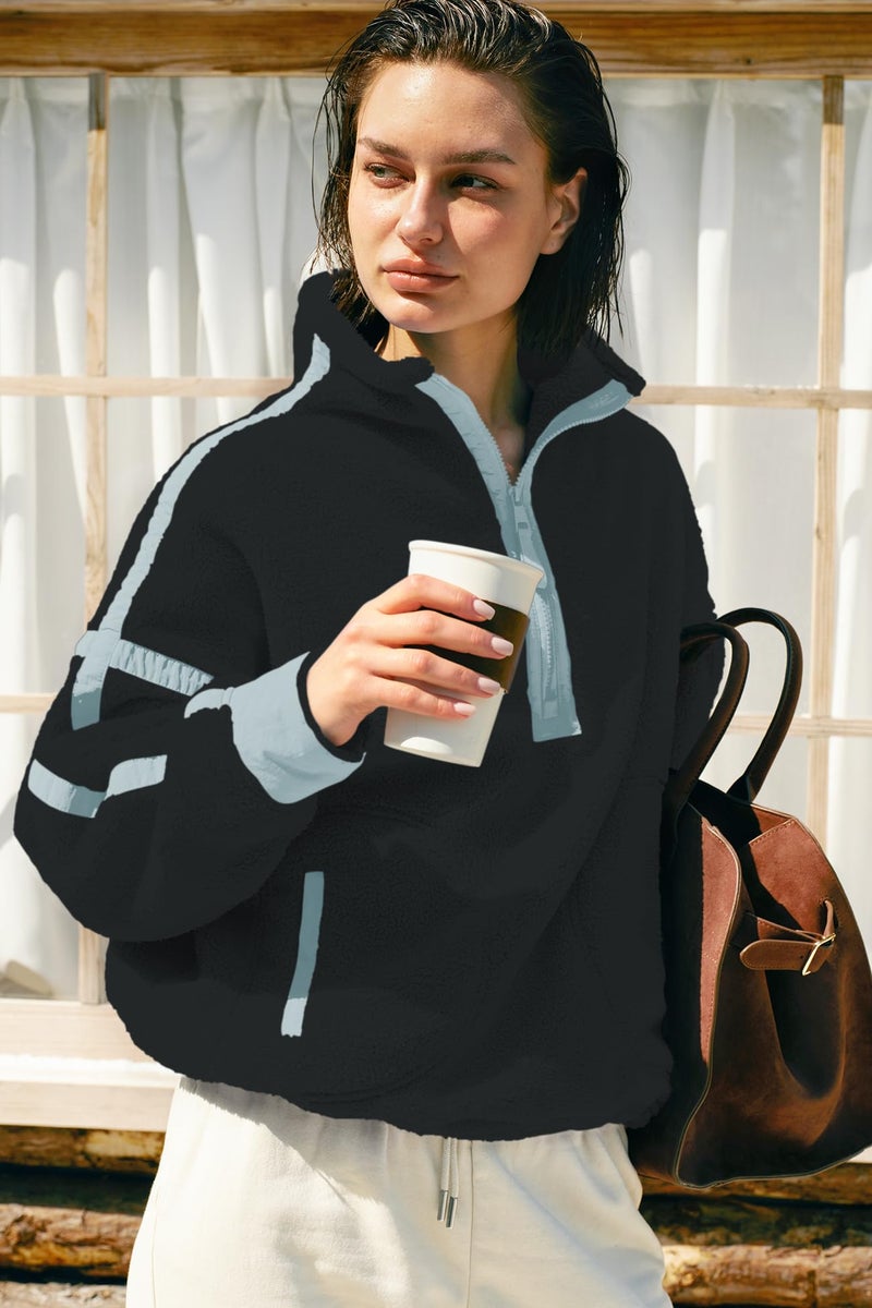 Panadila Womens Quarter Zip Fleece Pullover Sherpa Jacket Oversized Sweatshirt with Pockets Fuzzy Sweater (Black Combo,XS) - Image 4