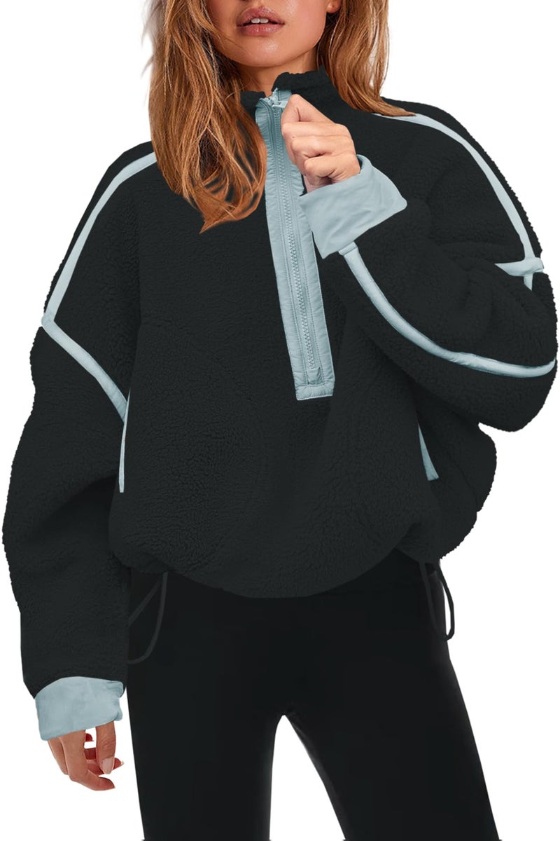 Panadila Womens Quarter Zip Fleece Pullover Sherpa Jacket Oversized Sweatshirt with Pockets Fuzzy Sweater (Black Combo,XS) - Image 1