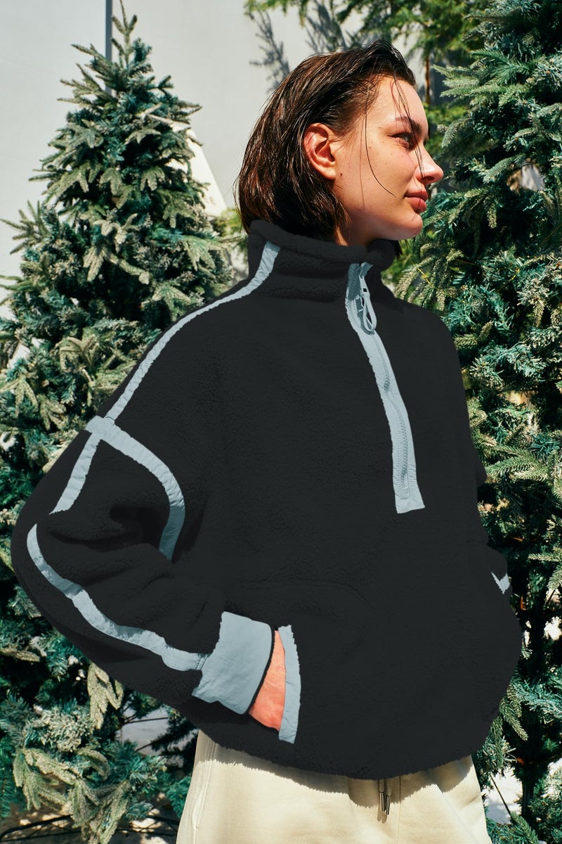 Panadila Womens Quarter Zip Fleece Pullover Sherpa Jacket Oversized Sweatshirt with Pockets Fuzzy Sweater (Black Combo,XS) - Image 3
