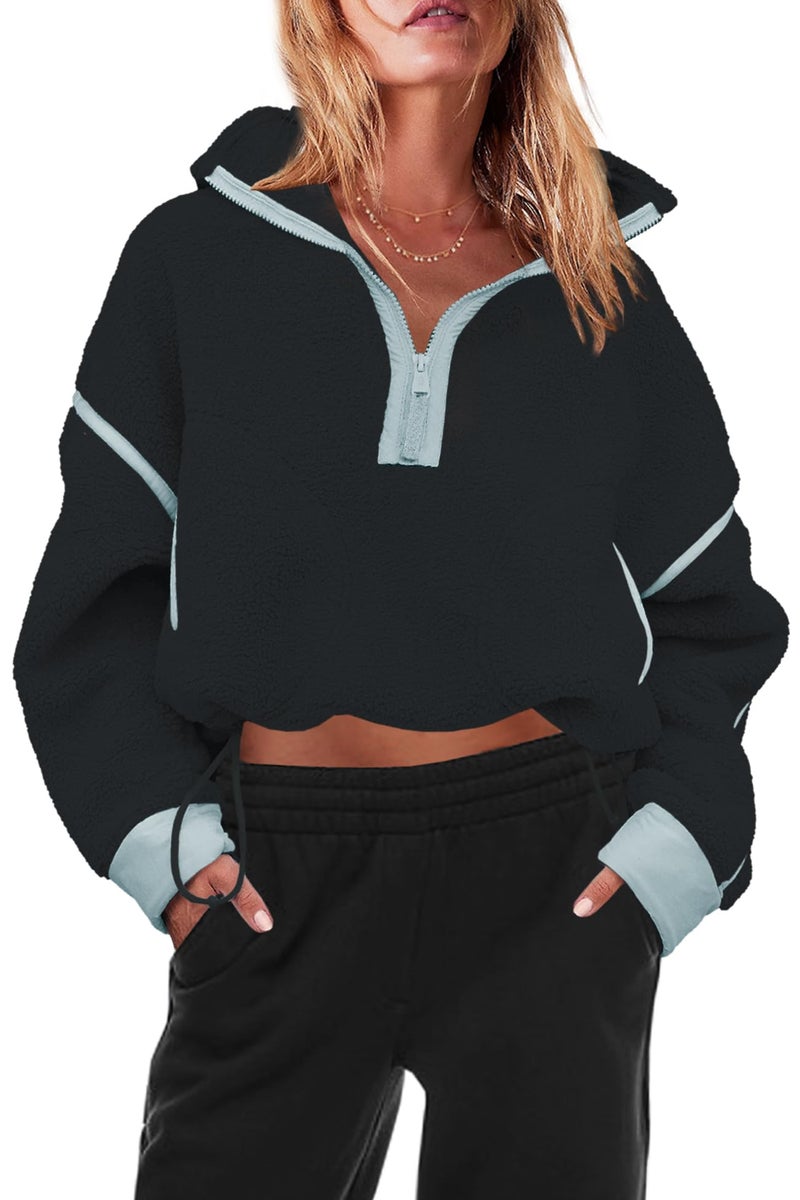 Panadila Womens Quarter Zip Fleece Pullover Sherpa Jacket Oversized Sweatshirt with Pockets Fuzzy Sweater (Black Combo,XS) - Image 2