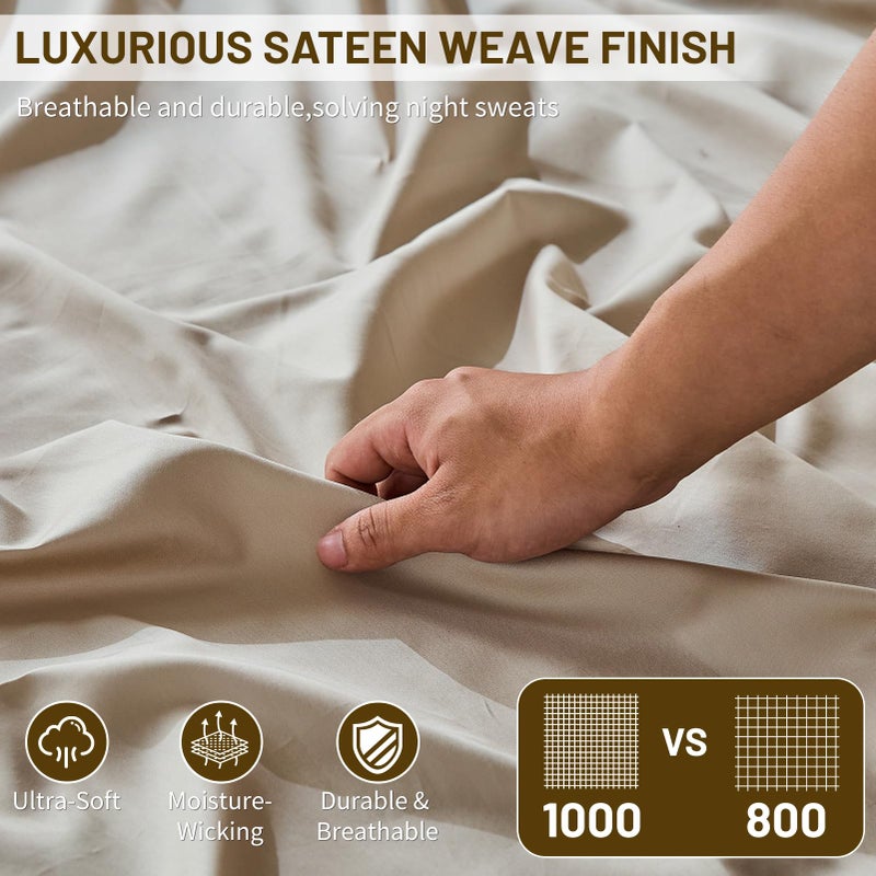 MEISHANG 1000 Thread Count Cotton Sheets King Size - 100% Egyptian Cotton, Sateen Weave, Soft & Breathable, Oeko-Tex Certified, 16" Deep Pockets - 4 Piece (King, Linen) - Image 3