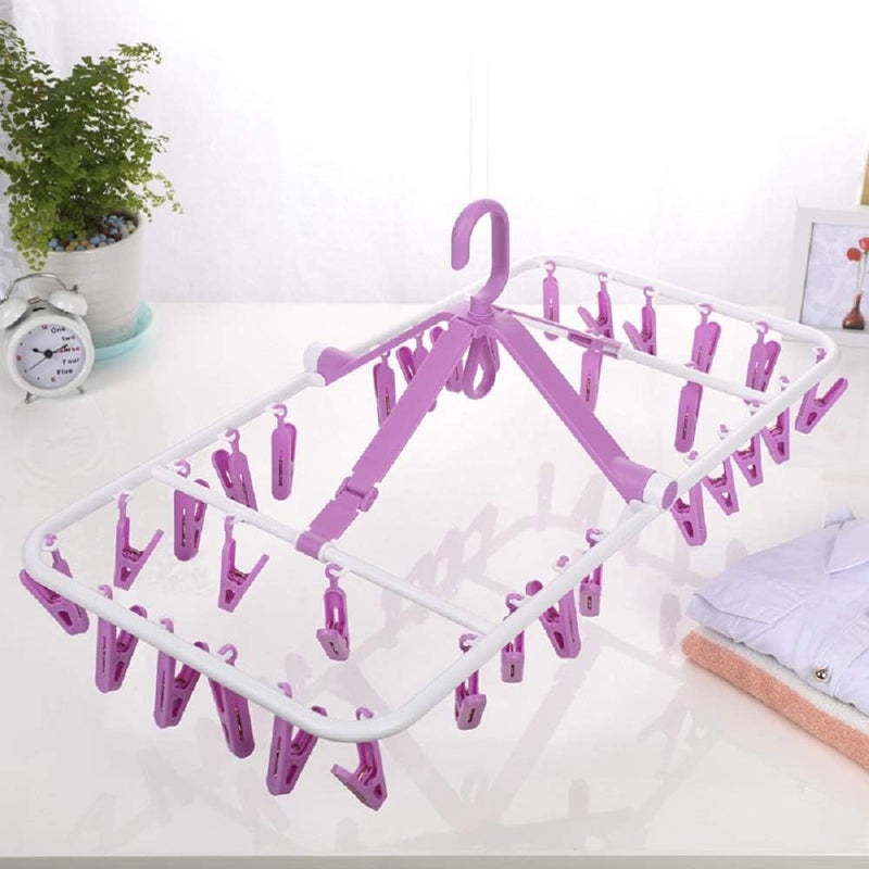 HOME CUBE® 1 Pc 360 Degree (32 Clip) Portable Folding Clothes Drying Rack Space Saving Travel Rotatable Clips,Plastic Clothesline Hanging Underwear Socks Laundry Drying Hanger Rack - Random Color