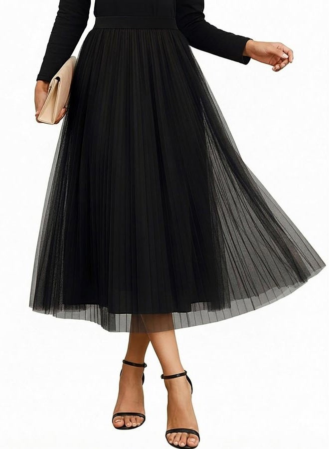 Cutecrop Women Tulle Skirt Fashion Pleated Mesh Skirt Elastic High Waist A Line Layered Flowy Party Wedding Daily Wear, Black, L - Image 1