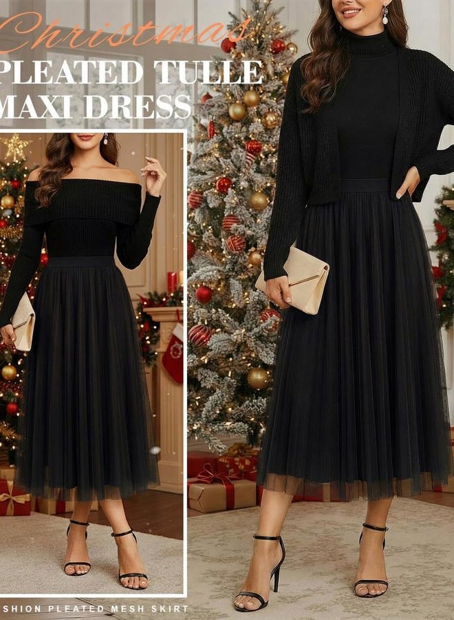 Cutecrop Women Tulle Skirt Fashion Pleated Mesh Skirt Elastic High Waist A Line Layered Flowy Party Wedding Daily Wear, Black, L - Image 3
