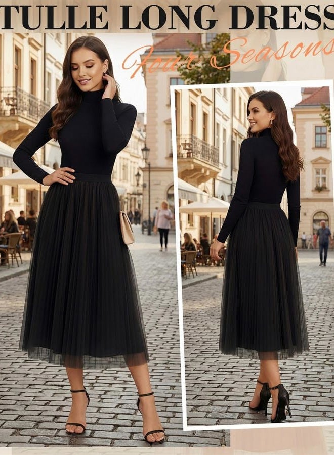 Cutecrop Women Tulle Skirt Fashion Pleated Mesh Skirt Elastic High Waist A Line Layered Flowy Party Wedding Daily Wear, Black, L - Image 4
