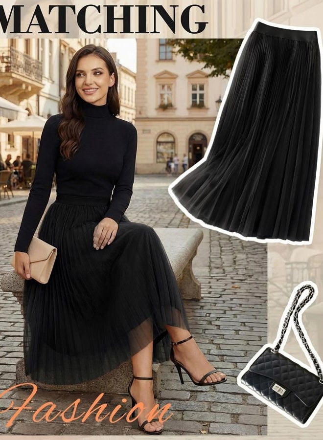 Cutecrop Women Tulle Skirt Fashion Pleated Mesh Skirt Elastic High Waist A Line Layered Flowy Party Wedding Daily Wear, Black, L - Image 5