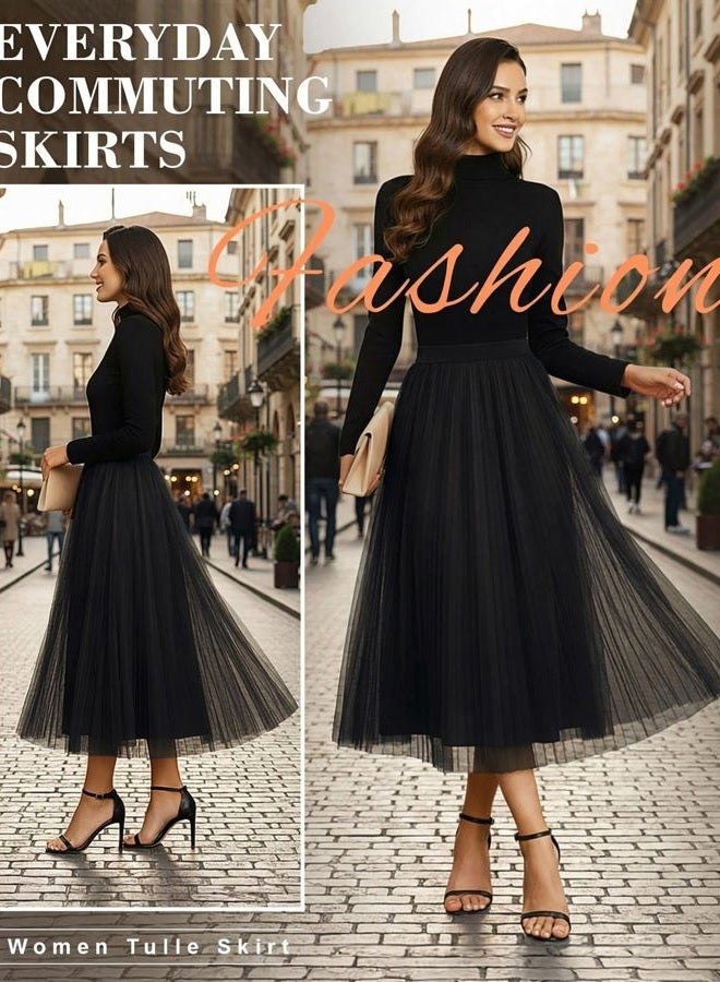 Cutecrop Women Tulle Skirt Fashion Pleated Mesh Skirt Elastic High Waist A Line Layered Flowy Party Wedding Daily Wear, Black, L - Image 2