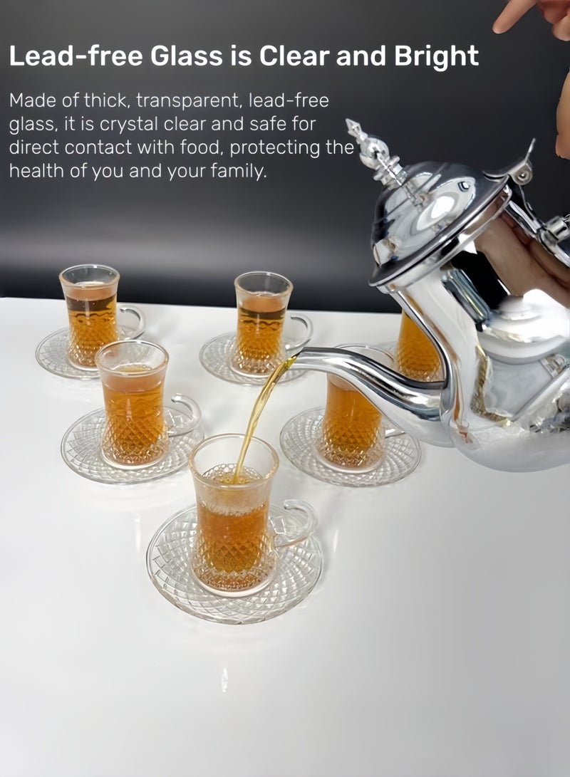 12-Piece Crystal Glass Tea Cup and Saucer Set，Elegant Diamond Pattern Tea Glasses with Handles for Arabic Tea, Coffee & Herbal Drinks | Durable Clear Glassware for Home & Gatherings - Image 5