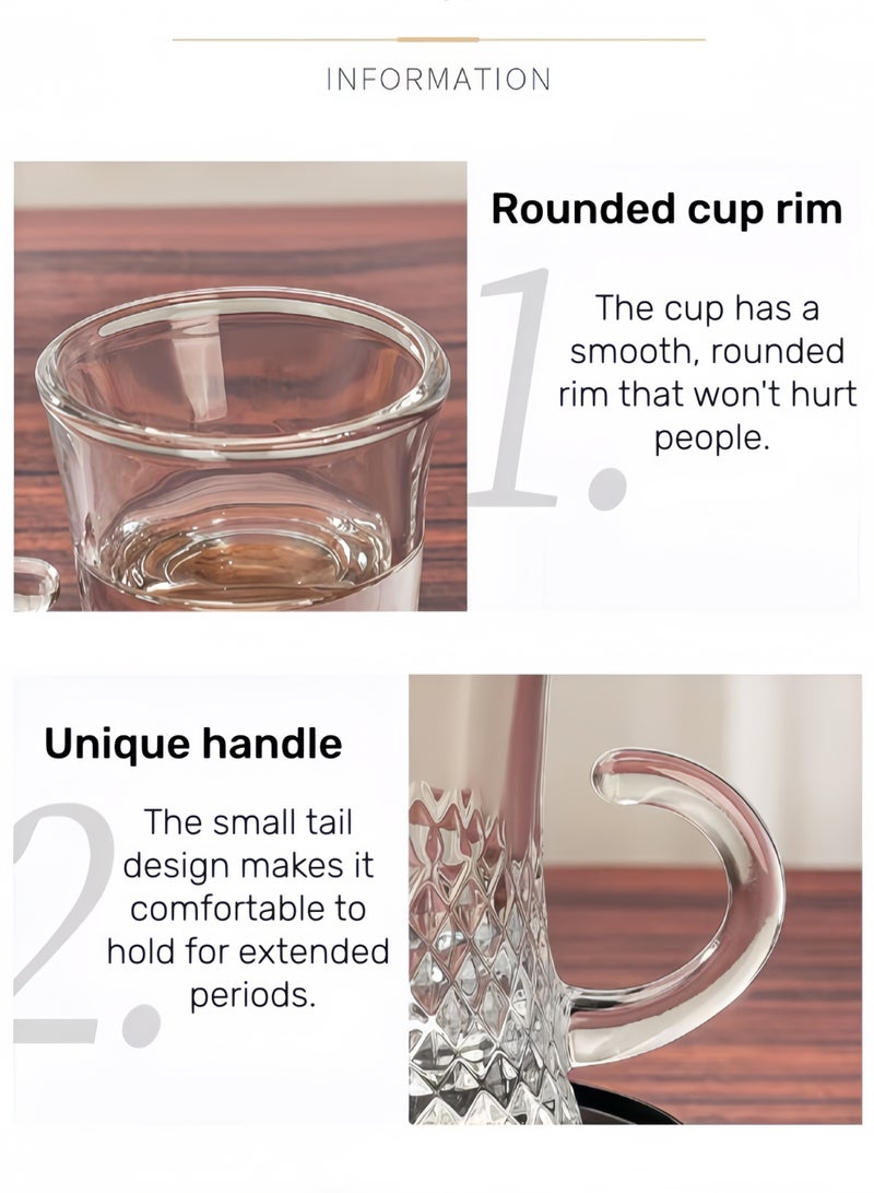 12-Piece Crystal Glass Tea Cup and Saucer Set，Elegant Diamond Pattern Tea Glasses with Handles for Arabic Tea, Coffee & Herbal Drinks | Durable Clear Glassware for Home & Gatherings - Image 4
