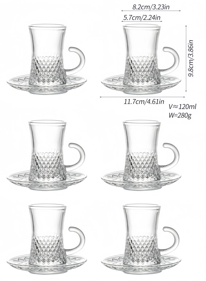 12-Piece Crystal Glass Tea Cup and Saucer Set，Elegant Diamond Pattern Tea Glasses with Handles for Arabic Tea, Coffee & Herbal Drinks | Durable Clear Glassware for Home & Gatherings - Image 2