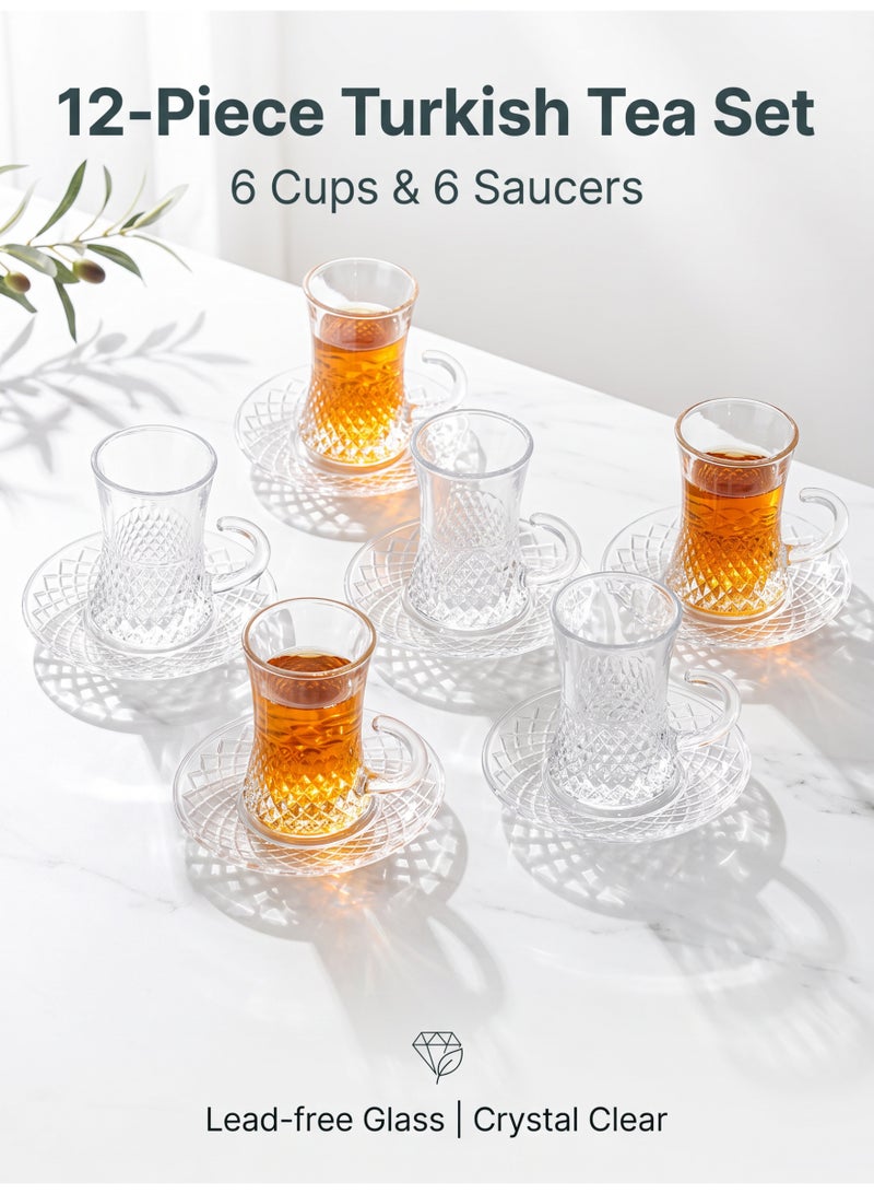 12-Piece Crystal Glass Tea Cup and Saucer Set，Elegant Diamond Pattern Tea Glasses with Handles for Arabic Tea, Coffee & Herbal Drinks | Durable Clear Glassware for Home & Gatherings - Image 1