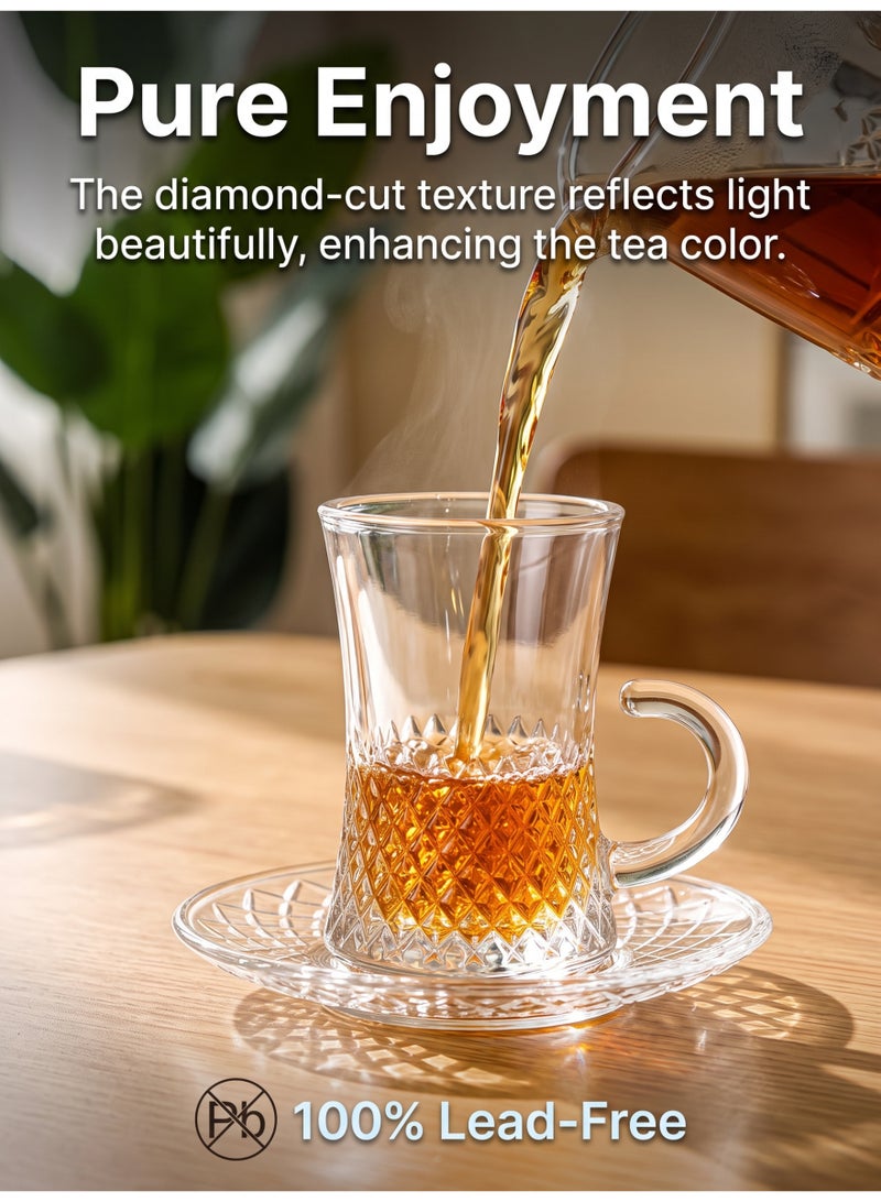 12-Piece Crystal Glass Tea Cup and Saucer Set，Elegant Diamond Pattern Tea Glasses with Handles for Arabic Tea, Coffee & Herbal Drinks | Durable Clear Glassware for Home & Gatherings - Image 3