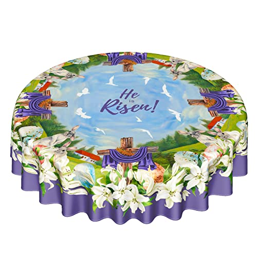 Giwawa Easter Tablecloth Round 60 inch He is Risen Decorative Table Cloth Cover for Circular Dining Easter Cross Decorations Home Farmhouse Holidays Party Dinner Indoor Outdoor Easter Purple Cross - Image 1