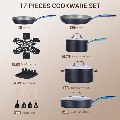 Ammeloo 17 Pcs Ceramic Cookware Set, Induction Pots and Pans Set Non Stick, Premium Colored Stay Cool Handle, Non Toxic PFOA PFOS Free, Oven Safe & Compatible with All Stovetops, Black - Image 2