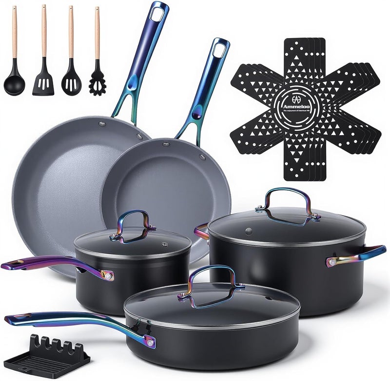 Ammeloo 17 Pcs Ceramic Cookware Set, Induction Pots and Pans Set Non Stick, Premium Colored Stay Cool Handle, Non Toxic PFOA PFOS Free, Oven Safe & Compatible with All Stovetops, Black - Image 1