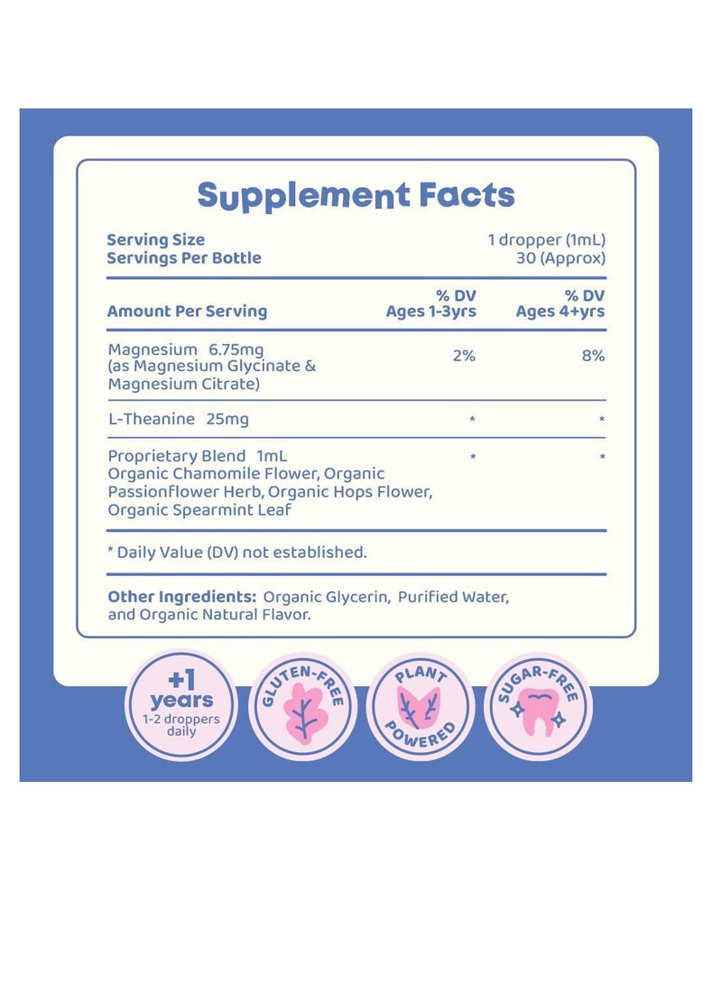 Magnesium Citrate & Glycinate Liquid for Kids – Sugar & Gluten-Free Supplement with L-Theanine & Chamomile – Supports Kids & Teens (1 fl oz, 30 Servings)