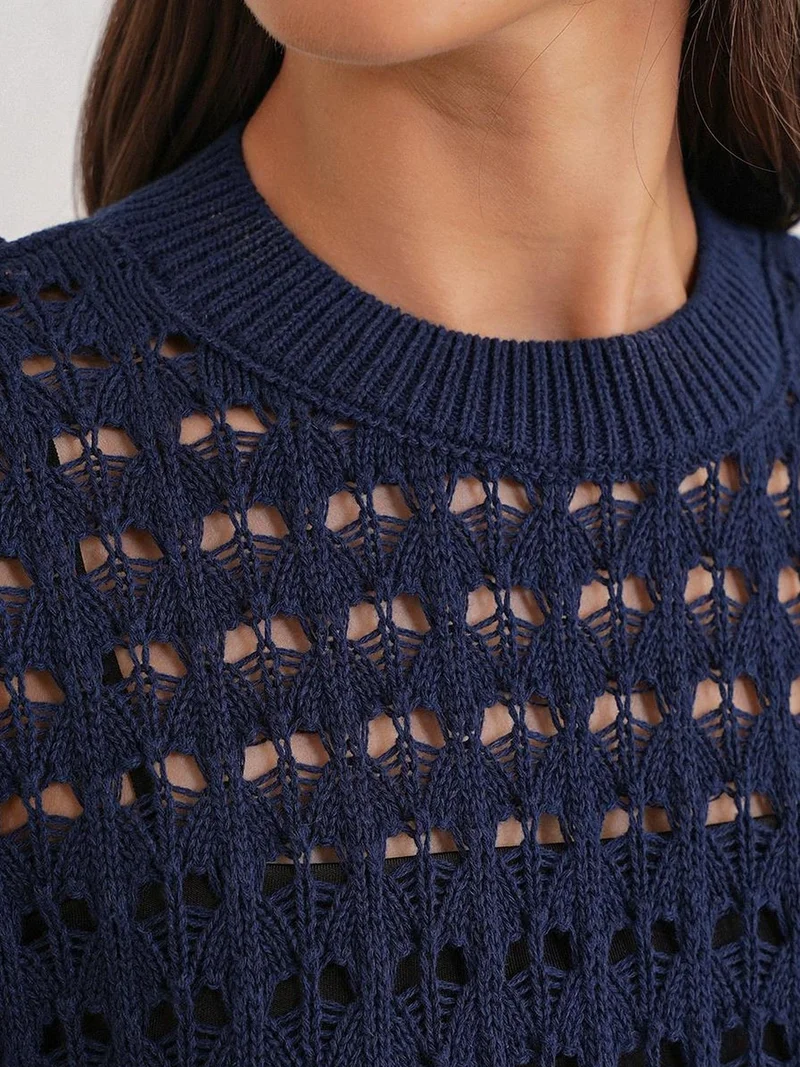 MixRay Navy Blue MIXRAY Textured Knit Relaxed Crop Sweater with Crew Neck for Women | Best Price UAE