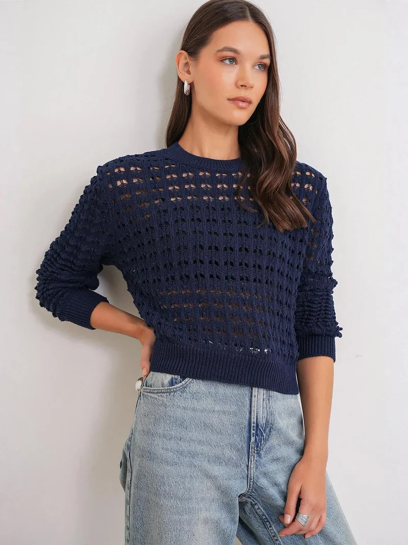 MixRay Navy Blue MIXRAY Textured Knit Relaxed Crop Sweater with Crew Neck for Women | Best Price UAE