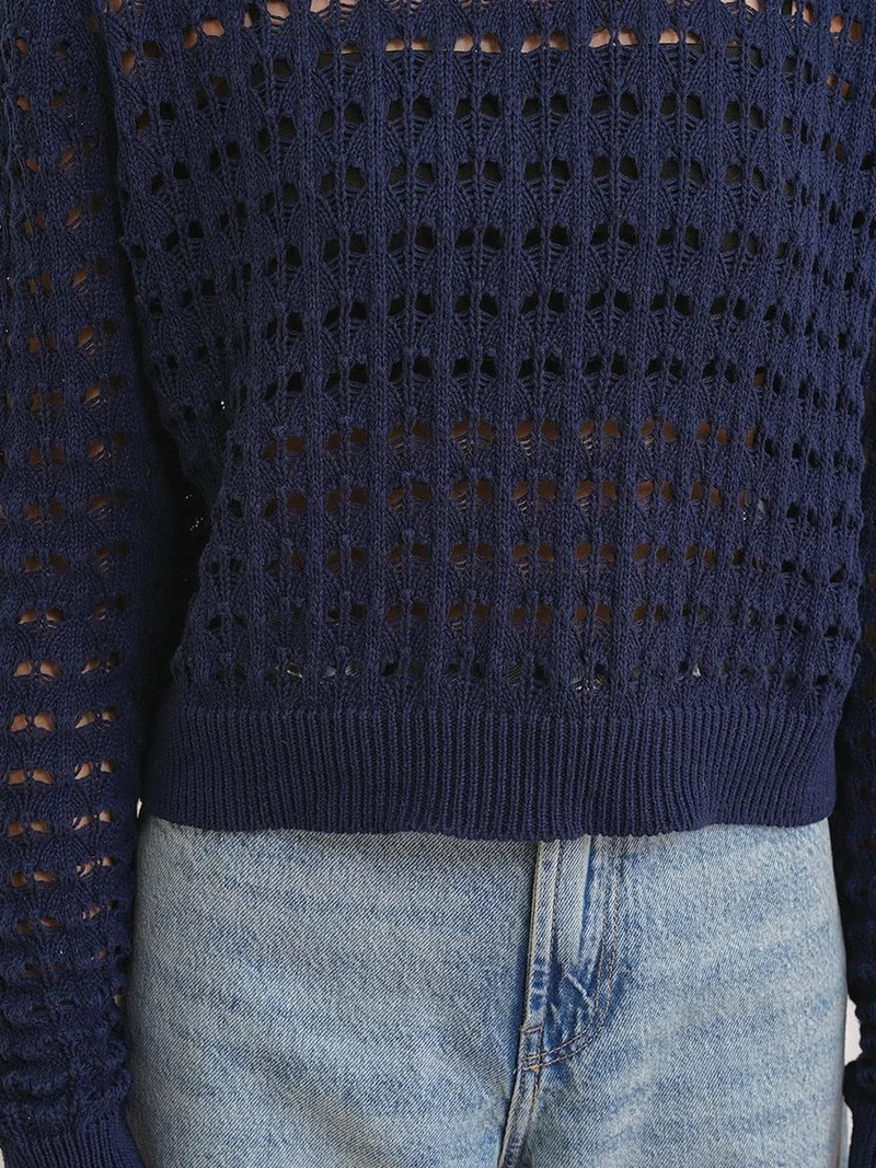 MixRay Navy Blue MIXRAY Textured Knit Relaxed Crop Sweater with Crew Neck for Women | Best Price UAE