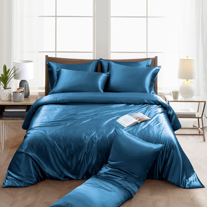 Ersmak 6 Pieces Satin Duvet Cover King Size Luxury Silky Bedding Duvet Cover Set with 1 Soft Duvet Cover, 4 King Pillowcases and 1 Body Pillowcase, Navy Blue - Image 3