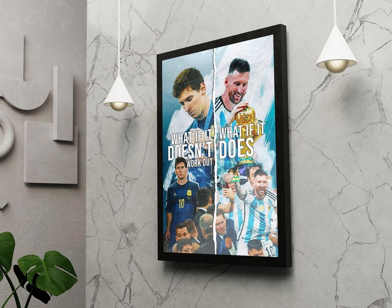 FRAMEO إطار متجر FRAMEO قصة ليونيل ميسي ملصق إطار زجاجي فني ملهم لجدار ليونيل ميسي ملصق مؤطر بحجم A3 12 × 18 بوصة - Image 3