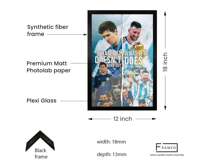 FRAMEO إطار متجر FRAMEO قصة ليونيل ميسي ملصق إطار زجاجي فني ملهم لجدار ليونيل ميسي ملصق مؤطر بحجم A3 12 × 18 بوصة - Image 4