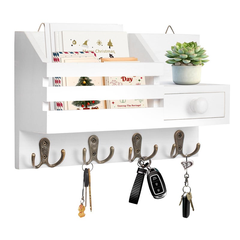 HOMEBROS Key Holder Wall Mount, Wooden Adhesive Mail and Key Organizer with Drawer, Small Shelf, 8 Hooks, 2 Installation Methods, White - Image 1