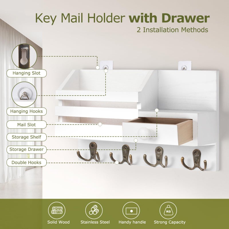 HOMEBROS Key Holder Wall Mount, Wooden Adhesive Mail and Key Organizer with Drawer, Small Shelf, 8 Hooks, 2 Installation Methods, White - Image 3