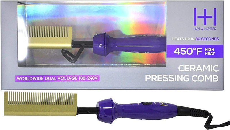 HOT & HOTTER Hot  Hotter  Ceramic Electrical Pressing Comb  Purple  Gold  Up to 450  360 Swivel Cord  Worldwide Dual Voltage 