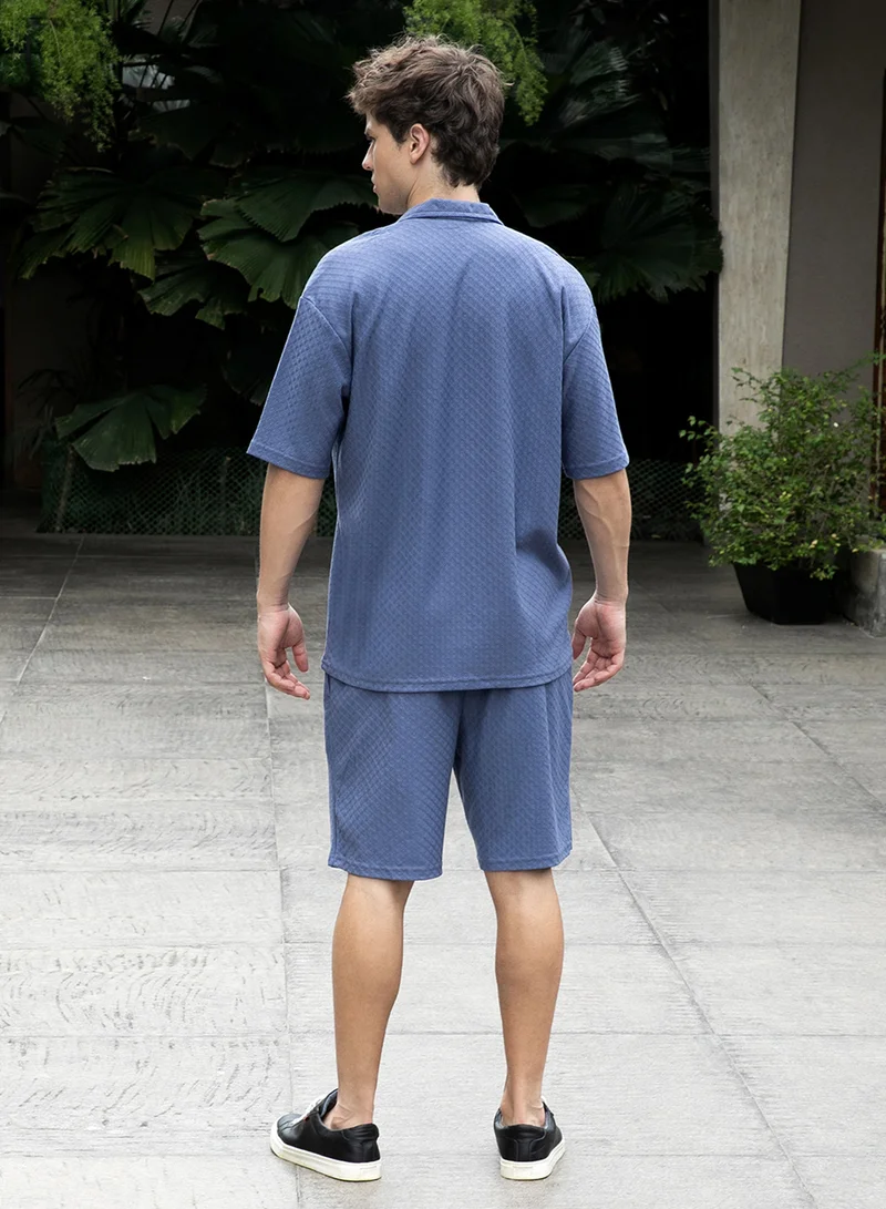 كامبوس سوترا Men's Lapis Blue Trellis-Textured Relaxed Co-Ord Set