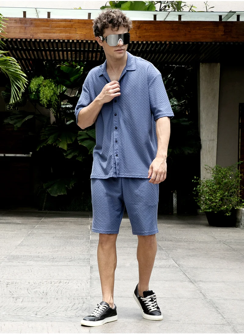Campus Sutra Men's Lapis Blue Trellis-Textured Relaxed Co-Ord Set