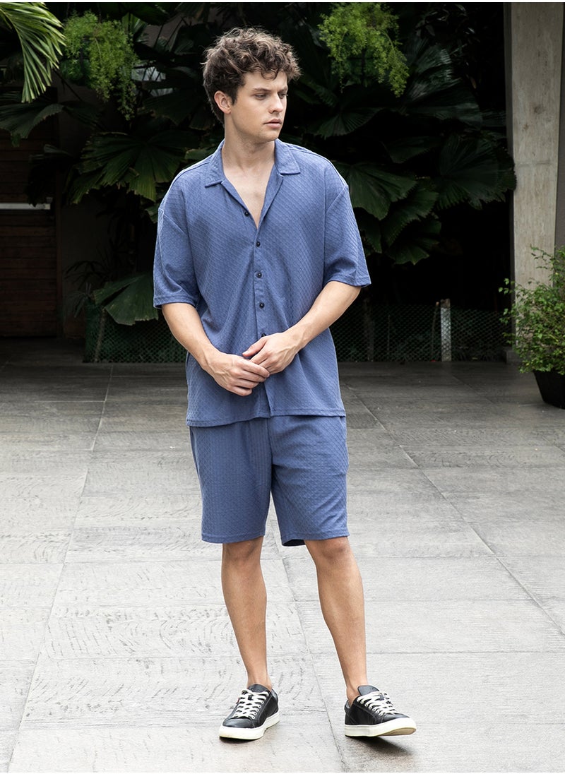 Campus Sutra - Men's Lapis Blue Trellis-Textured Relaxed Co-Ord Set - Image 1