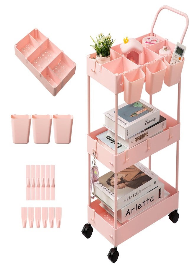 danpinera Slim Storage Cart, 3 Tier Narrow Rolling Cart on Wheels Bathroom Organizer with Dividers Handle Hanging Cups Hooks for Laundry Room Kitchen Small Spaces, Pink - Image 1