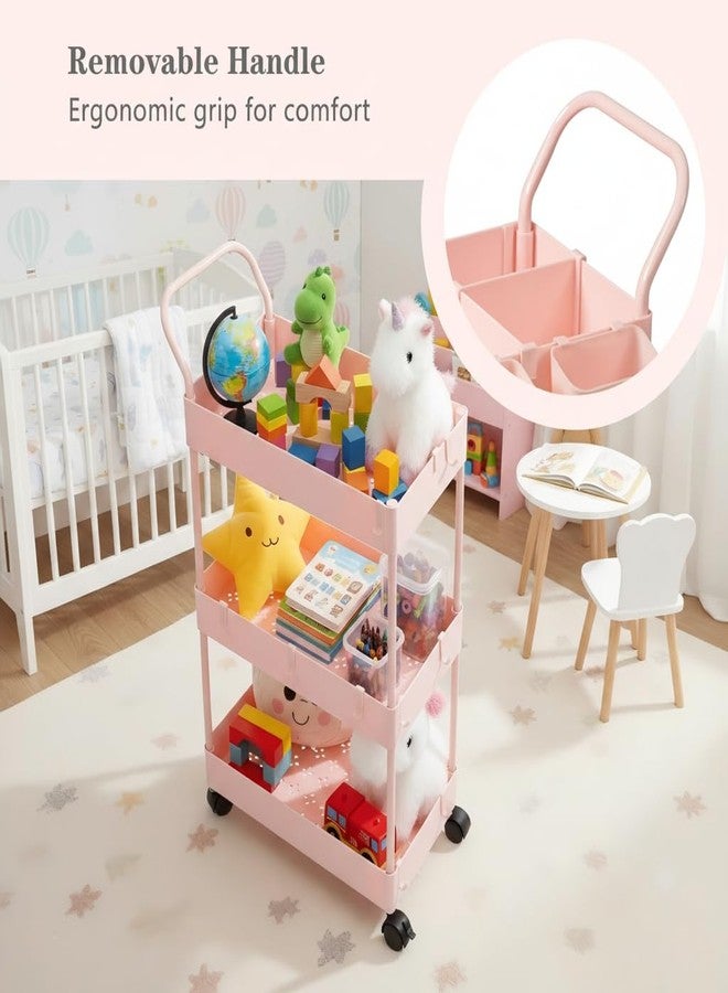 danpinera Slim Storage Cart, 3 Tier Narrow Rolling Cart on Wheels Bathroom Organizer with Dividers Handle Hanging Cups Hooks for Laundry Room Kitchen Small Spaces, Pink - Image 3
